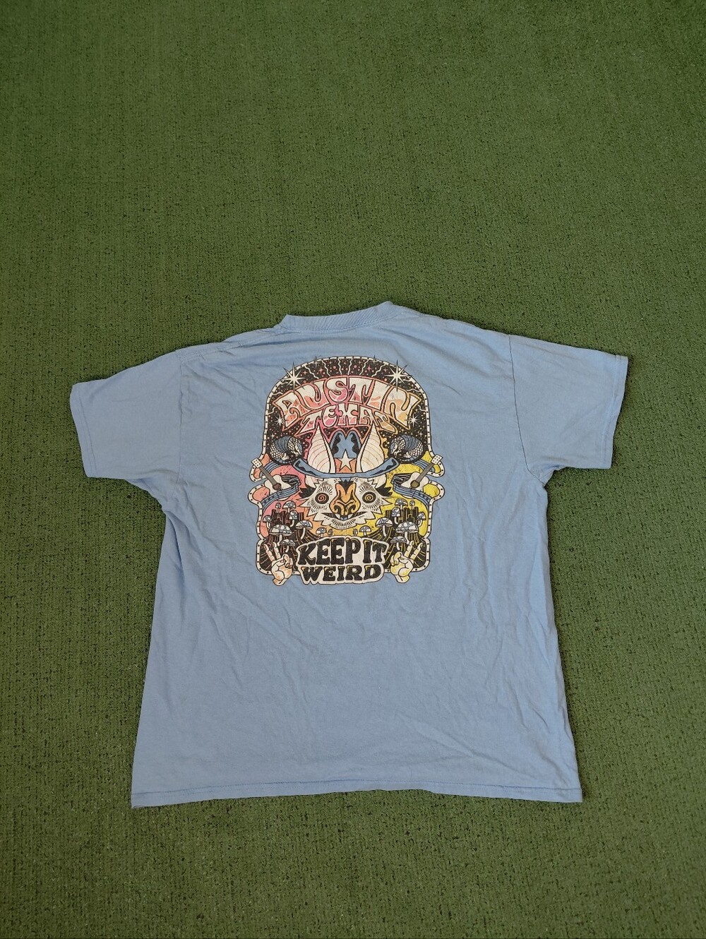 Austin Texas "Keep It Weird" Trippy Texan Light Blue T Shirt Sz Large